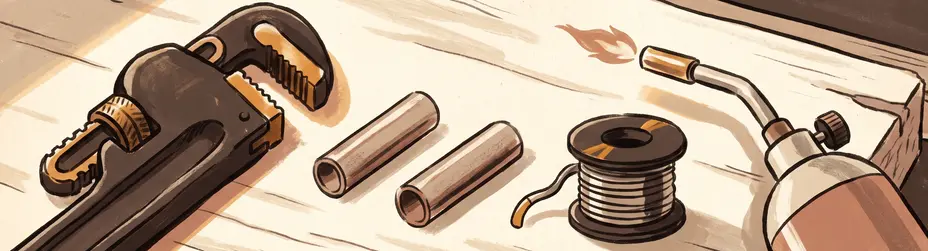 Illustrated still life of a pipe wrench, two cut sections of copper pipe, a roll of solder and a small torch arranged on a wooden workbench